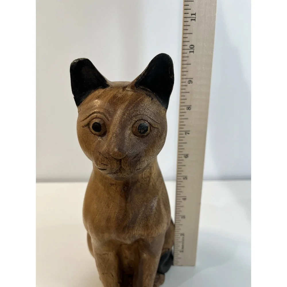 Vtg MCM Hand Carved Wood Cat Figure‎ Kitten Statue Thailand Collector Decor 10
